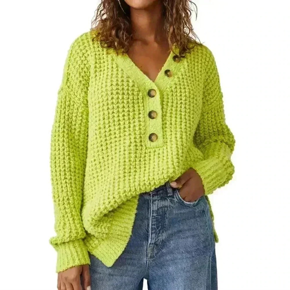 Free People Whistle Thermal Henley Sweater - Acid Lime Green - Size XS - Picture 1 of 7
